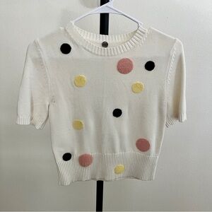 Margaret O'Leary White Polka Dot Short Sleeve Knit Sweater